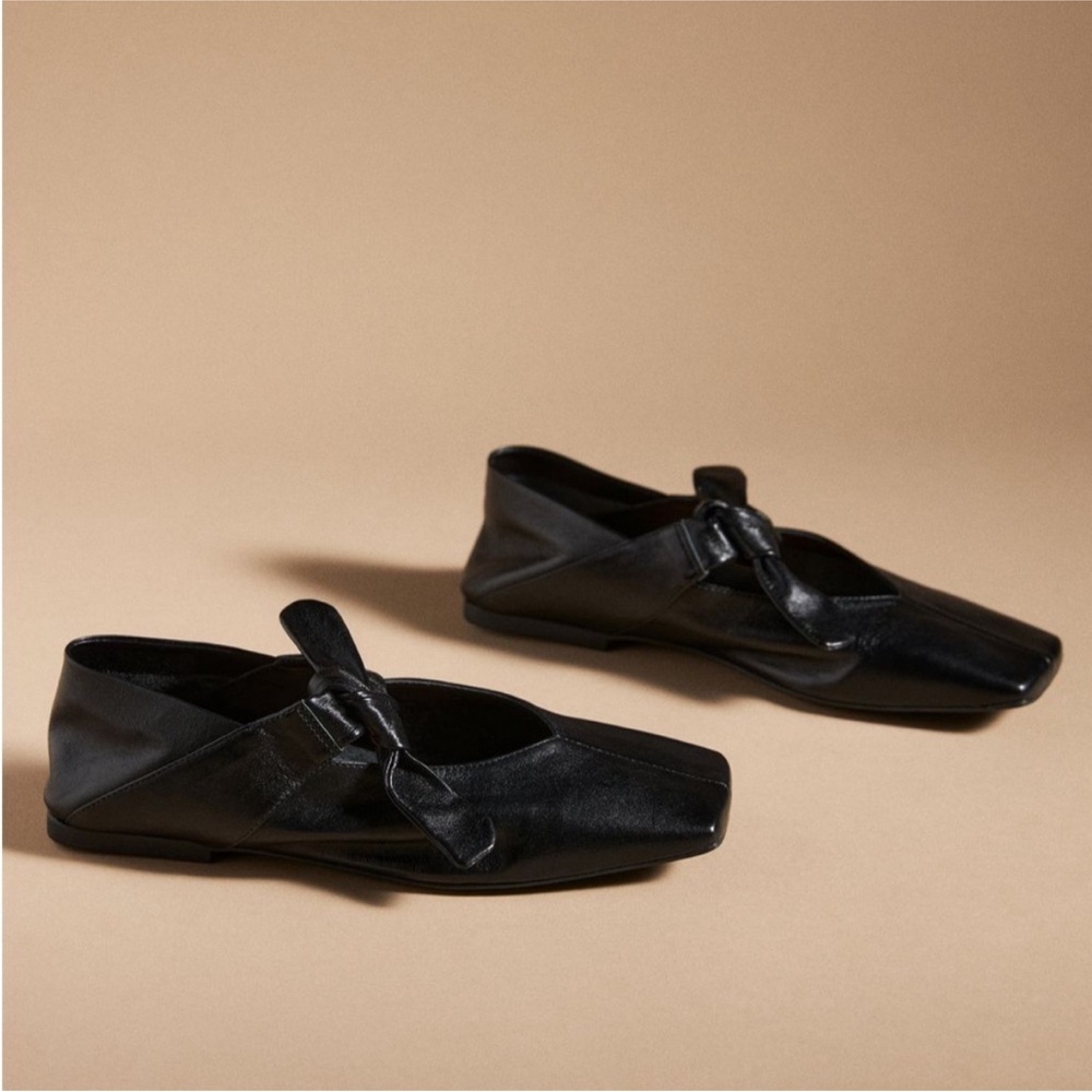 Anthropologie Vicenza Black Leather Bow Flats - Picture 2 of 6